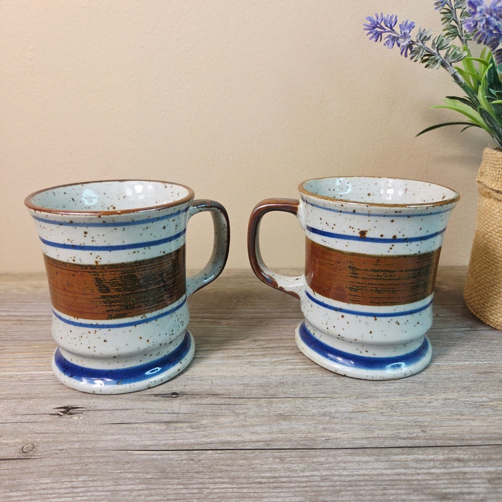 Vintage Stoneware Coffee Mugs Set of 2 Blue Brown Striped Speckled 8oz Boho Cups